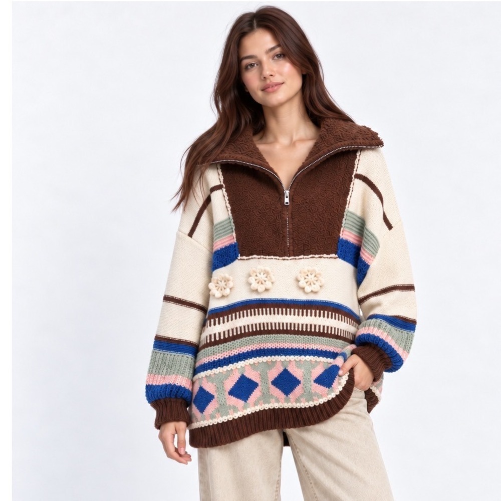 POL Quarter Zip Sweater Medium Boho Mixed Media Sherpa Floral Knit Pullover